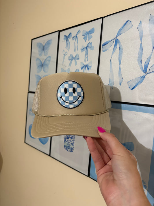 Checkered Smiley Trucker Hat